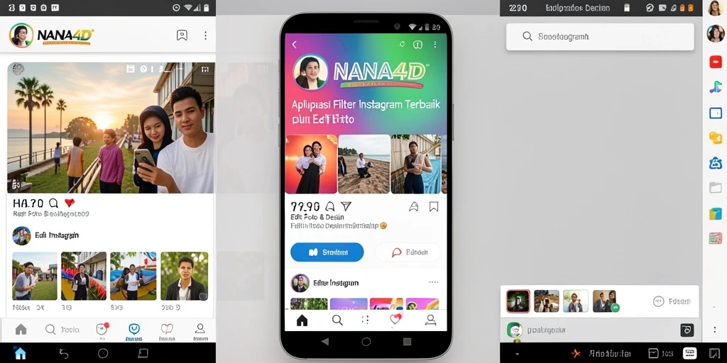 Antarmuka aplikasi NANA4D dengan berbagai pilihan filter Instagram.
